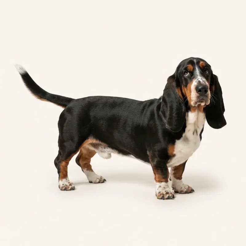 Üç renkli renginde yetişkin Basset Hound