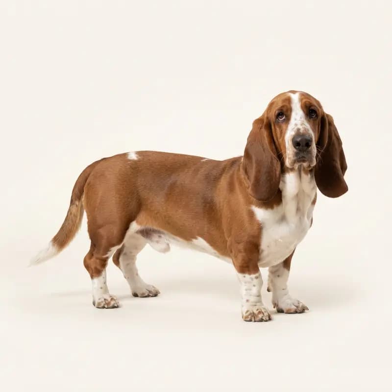 Kahverengi-beyaz renginde yetişkin Basset Hound