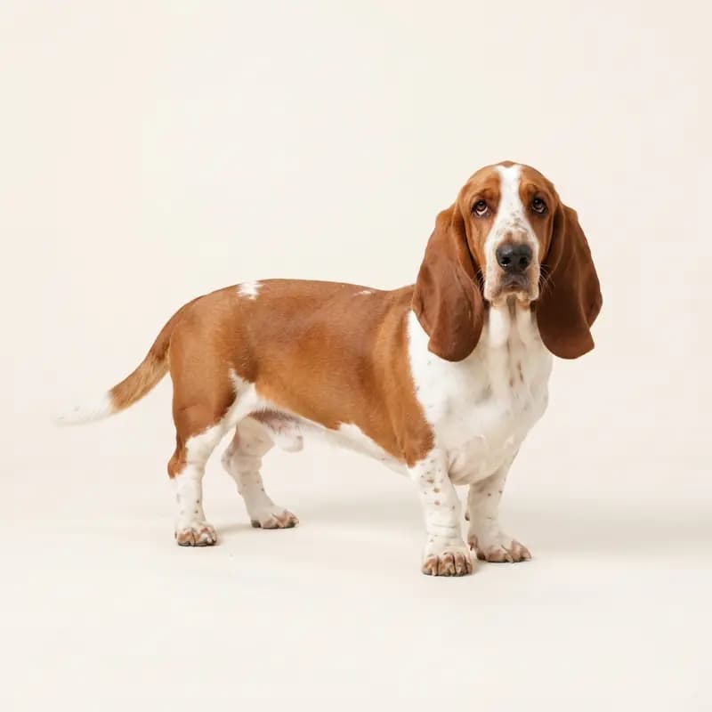 Kırmızı-beyaz renginde yetişkin Basset Hound