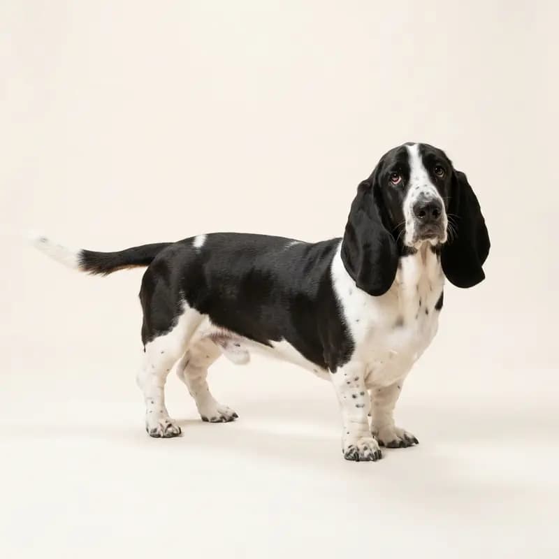 Siyah-beyaz renginde yetişkin Basset Hound