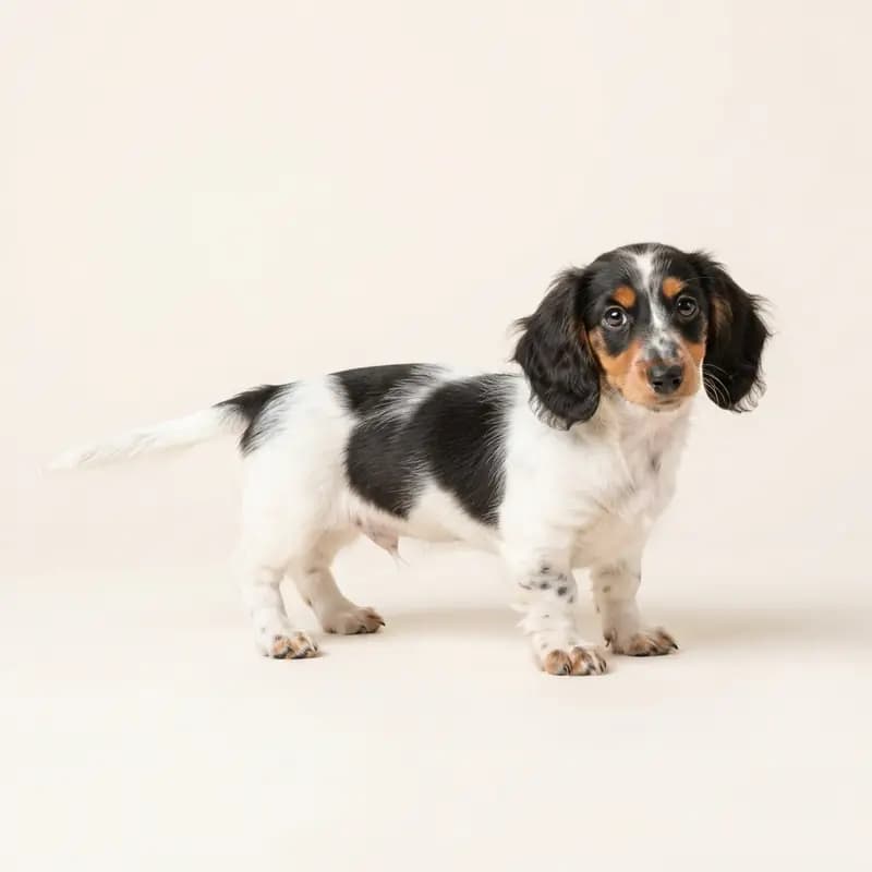 腊肠犬（长毛） Welpe in 花斑色