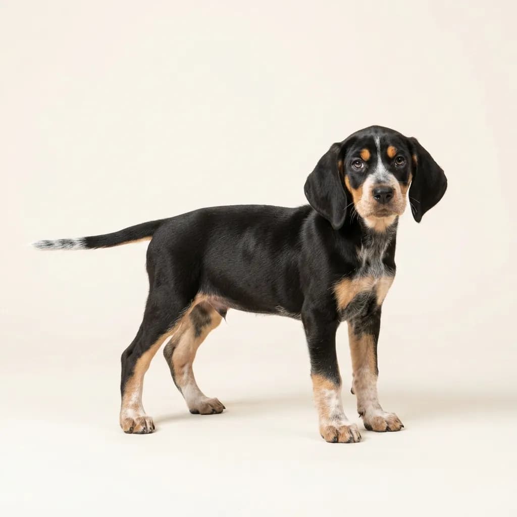 Bluetick Coonhound in Dreifarbig (Tricolor) — Fellfarbe und Aussehen