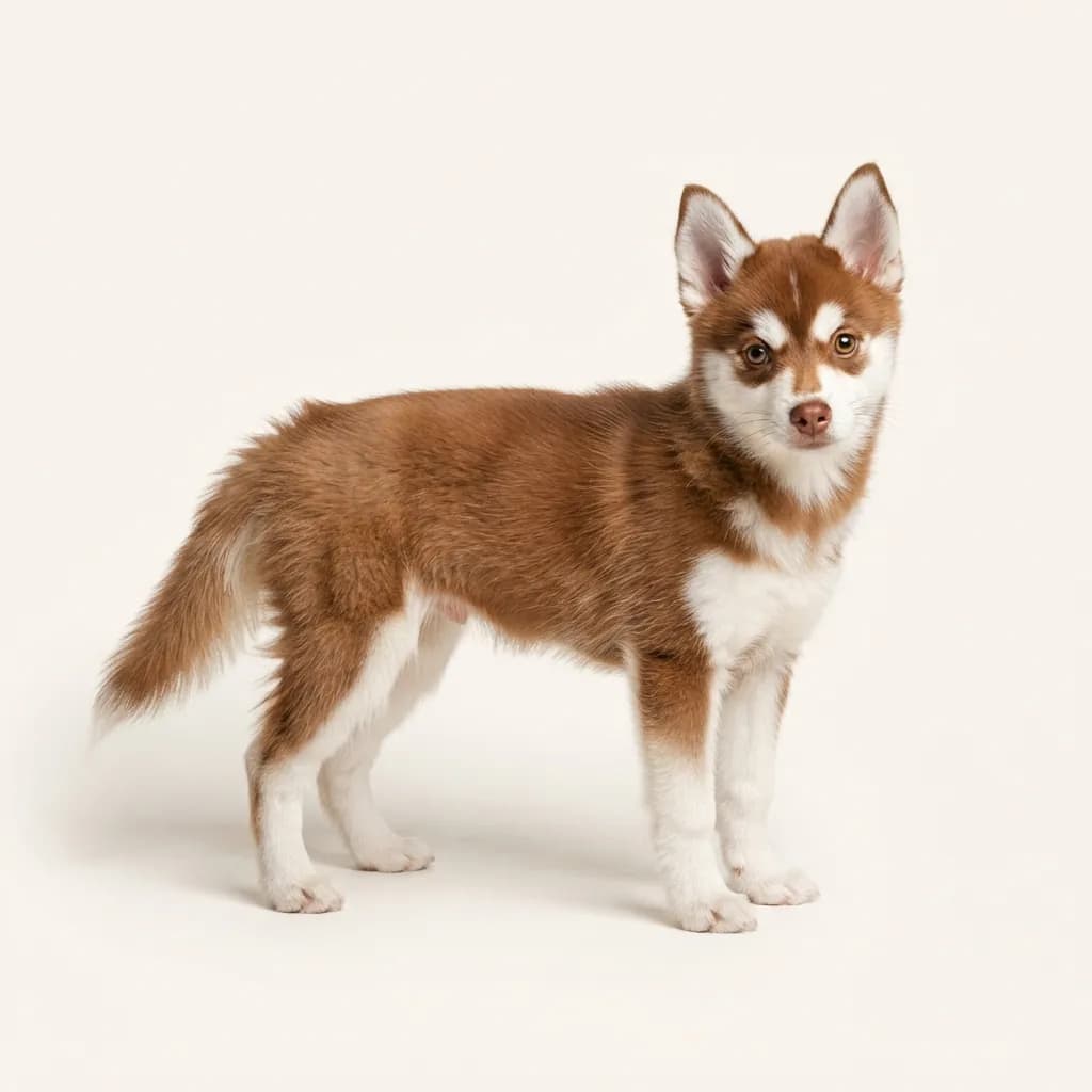 Alaskan Klee Kai in Rot-Weiß — Fellfarbe und Aussehen