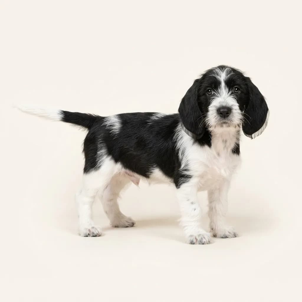 Petit Basset Griffon Vendeen in Schwarz-Weiß — Fellfarbe und Aussehen