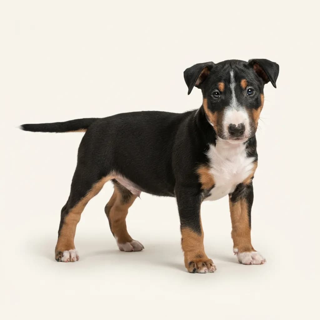 Miniature Bullterrier in Dreifarbig (Tricolor) — Fellfarbe und Aussehen