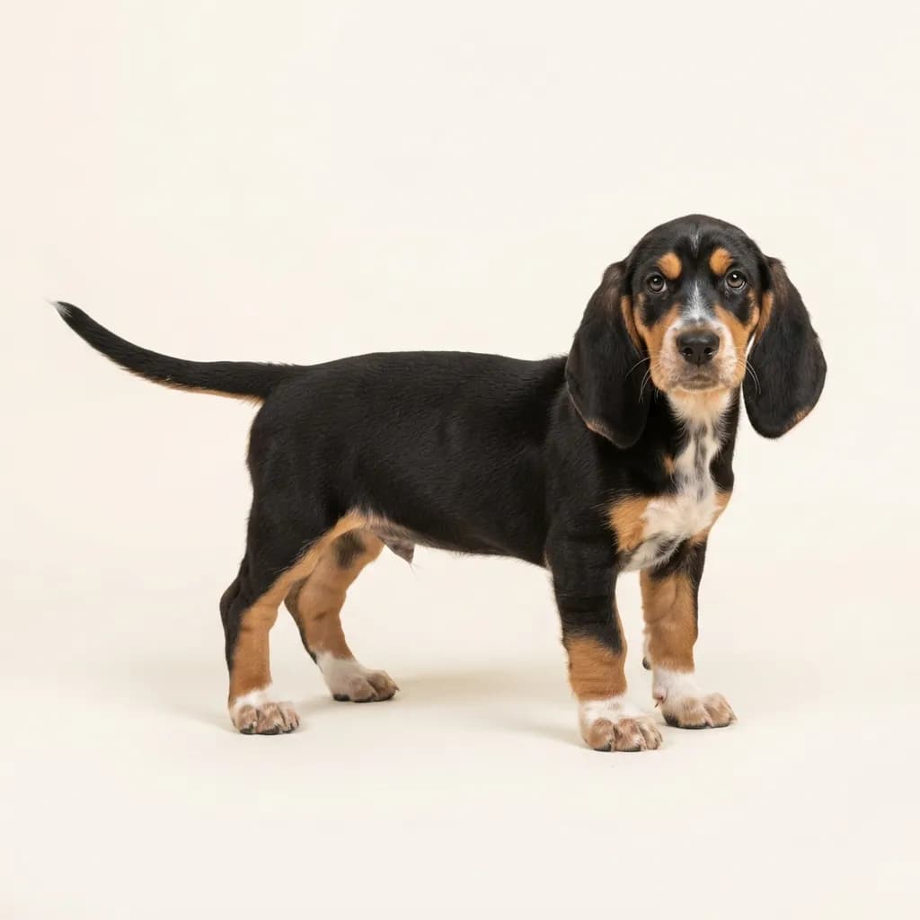 Tricolor Basset Bleu de Gascogne — coat colour and appearance