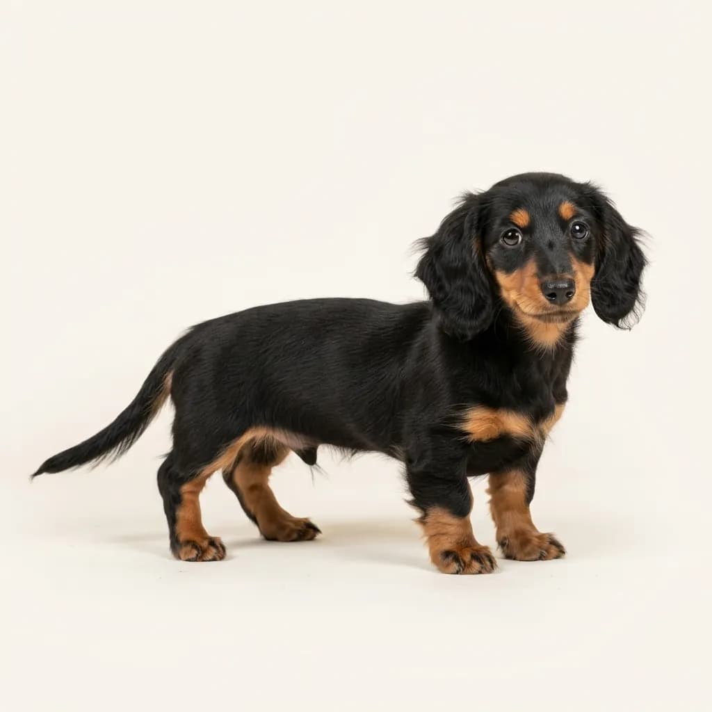 Black and tan Miniature Long-haired Dachshund — coat colour and appearance