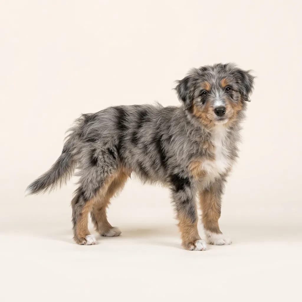 Blue merle Pyrenean Shepherd (Longhair) — coat colour and appearance