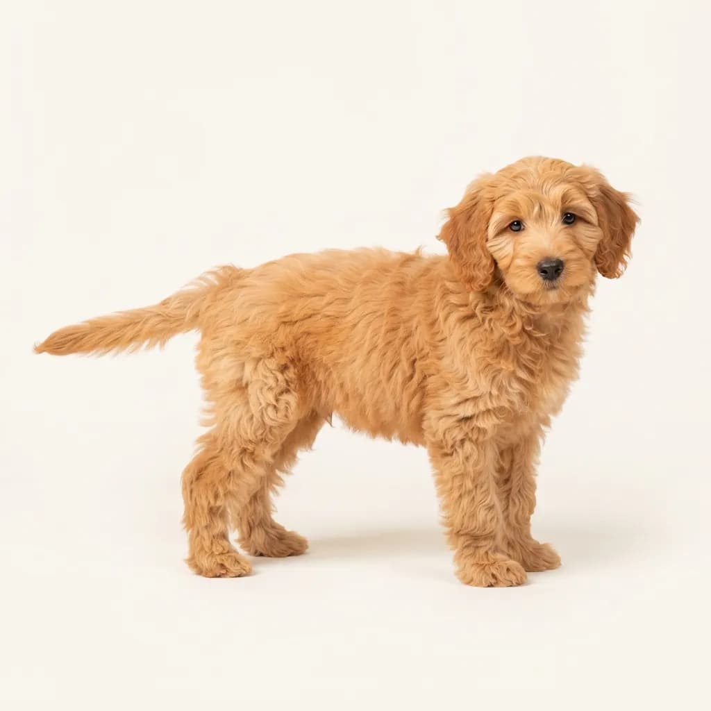 Aussiedoodle (Australian Shepherd x Pudel) in Apricot — Fellfarbe und Aussehen