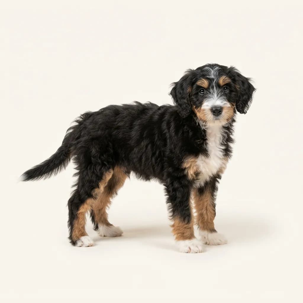 Bordoodle in Dreifarbig (Tricolor) — Fellfarbe und Aussehen