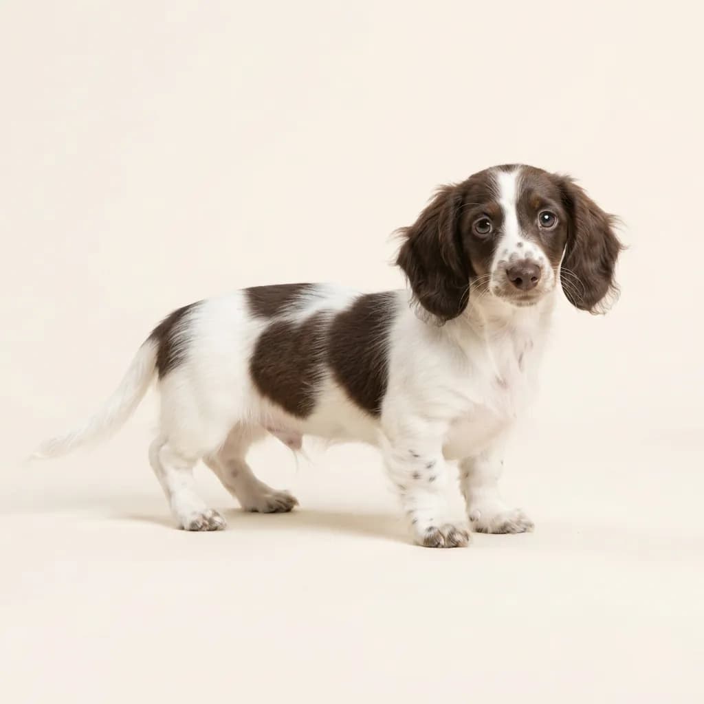 Piebald Miniature Long-haired Dachshund — coat colour and appearance